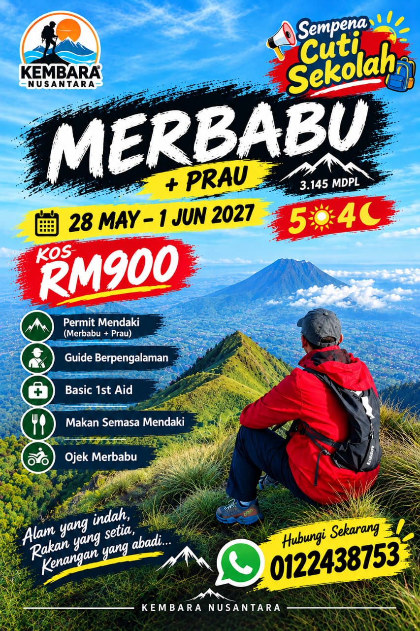 Poster pakej Merbabu dan Prau 28 Mei hingga 1 Jun 2027, RM900 seorang.