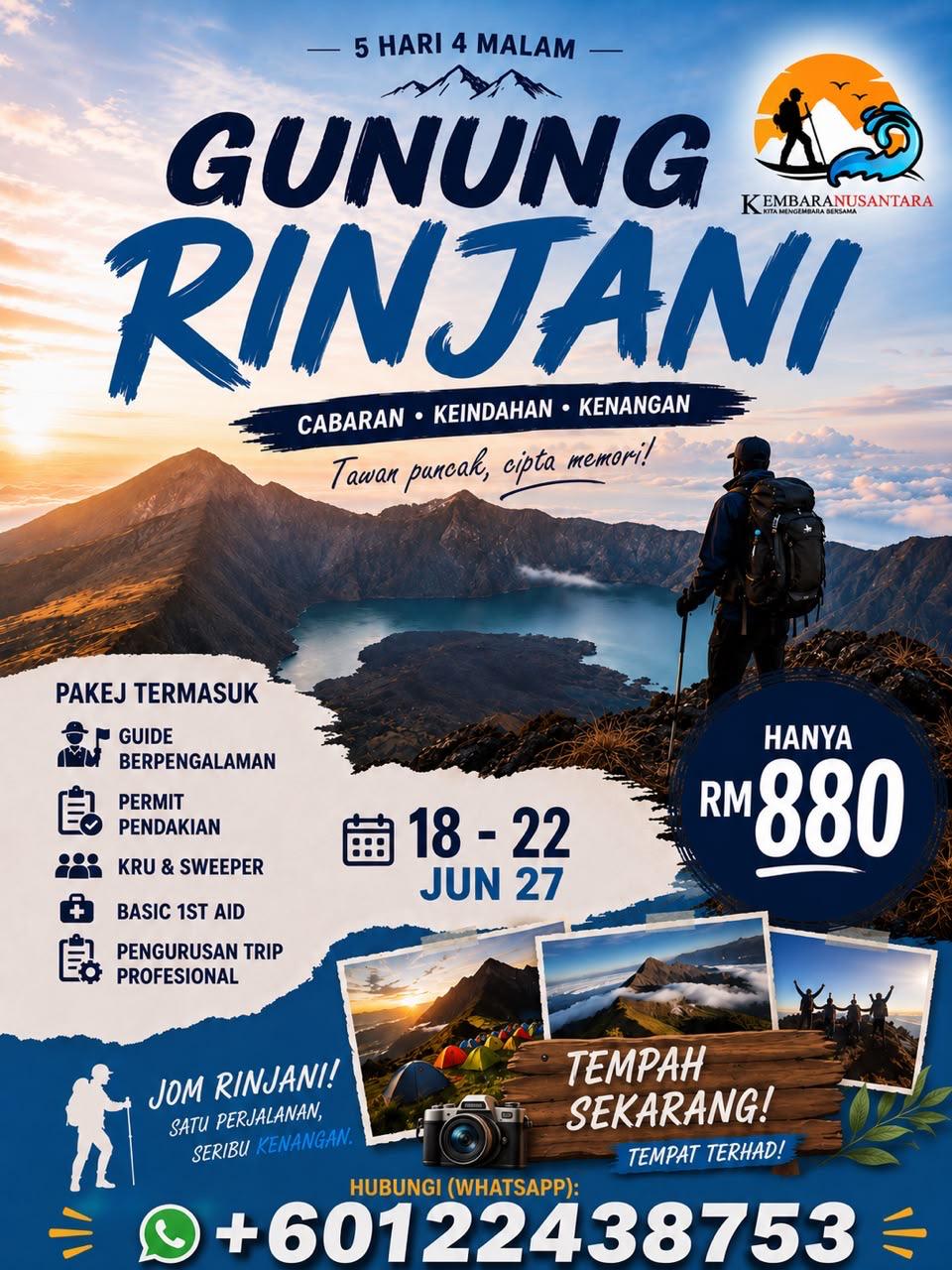 Poster Gunung Rinjani 18 hingga 22 Jun 2027, 5 hari 4 malam, RM880.